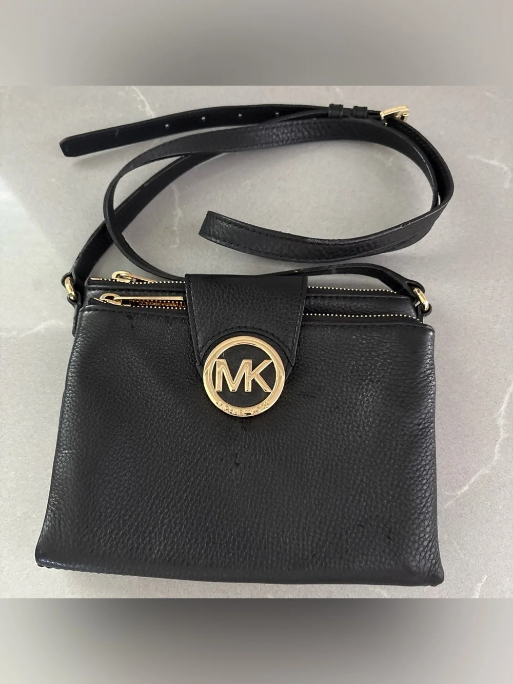 Michael Kors Black Leather Crossbody with Gold MK Emblem